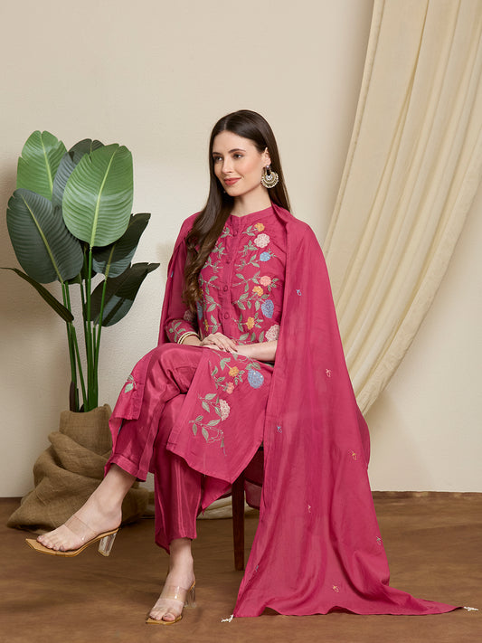 Solid Floral Embroidered Straight Kurta with Pant & Dupatta - Pink