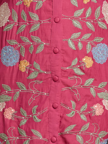 Solid Floral Embroidered Straight Kurta with Pant & Dupatta - Pink