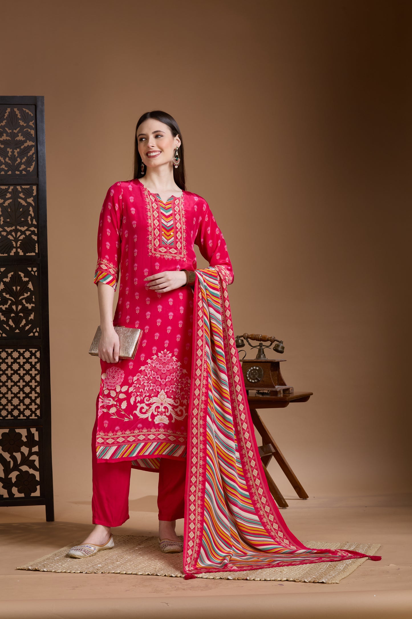 Ethnic Printed Embroidered Straight Kurta with Pant & Dupatta - Rani