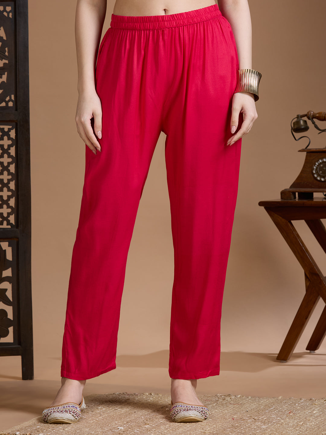 Ethnic Printed Embroidered Straight Kurta with Pant & Dupatta - Rani