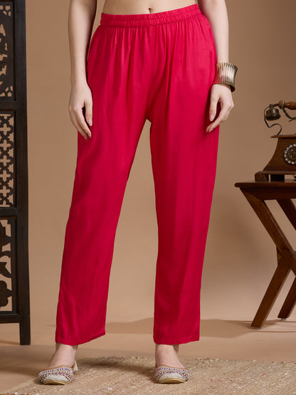 Ethnic Printed Embroidered Straight Kurta with Pant & Dupatta - Rani