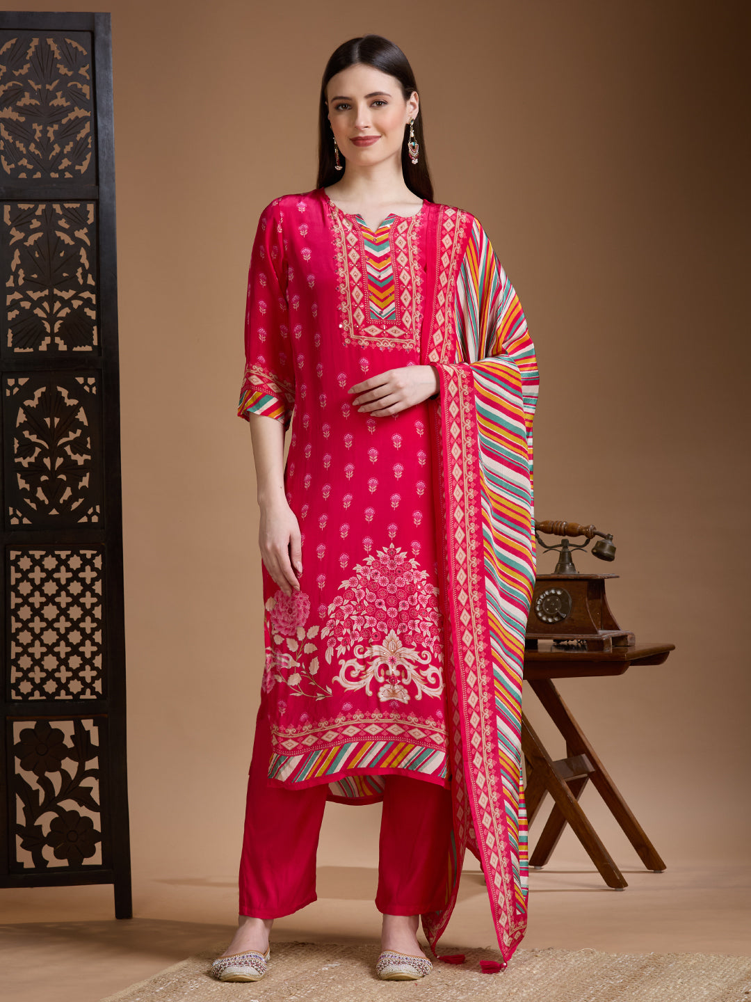 Ethnic Printed Embroidered Straight Kurta with Pant & Dupatta - Rani