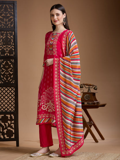 Ethnic Printed Embroidered Straight Kurta with Pant & Dupatta - Rani