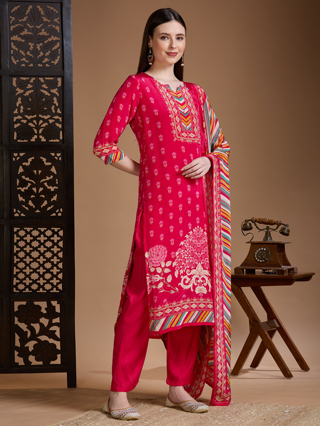 Ethnic Printed Embroidered Straight Kurta with Pant & Dupatta - Rani