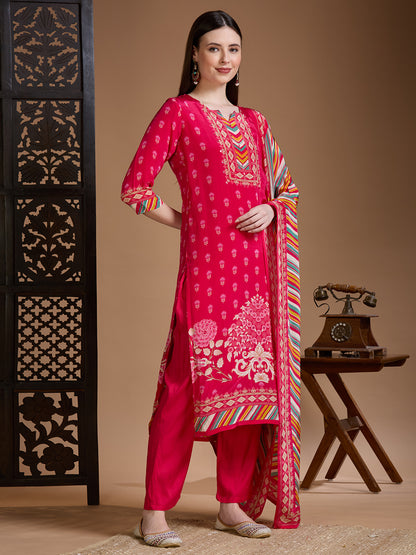 Ethnic Printed Embroidered Straight Kurta with Pant & Dupatta - Rani