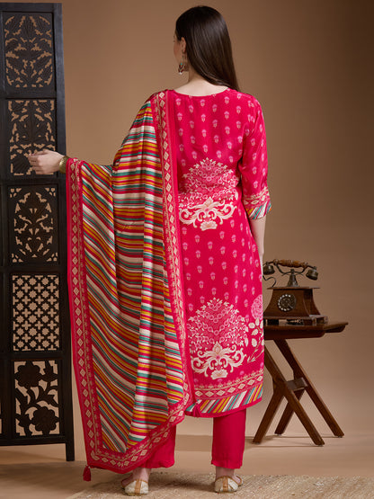 Ethnic Printed Embroidered Straight Kurta with Pant & Dupatta - Rani
