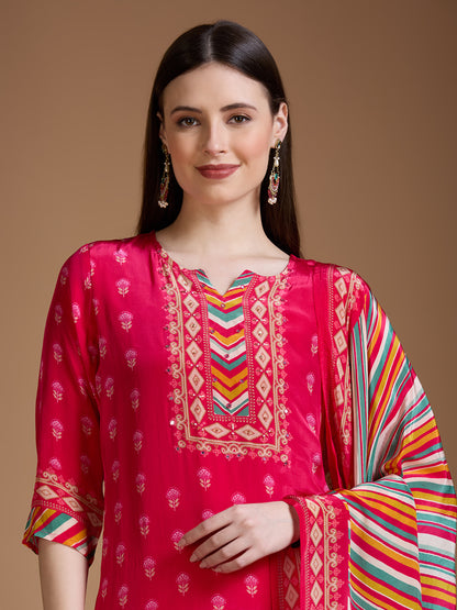Ethnic Printed Embroidered Straight Kurta with Pant & Dupatta - Rani
