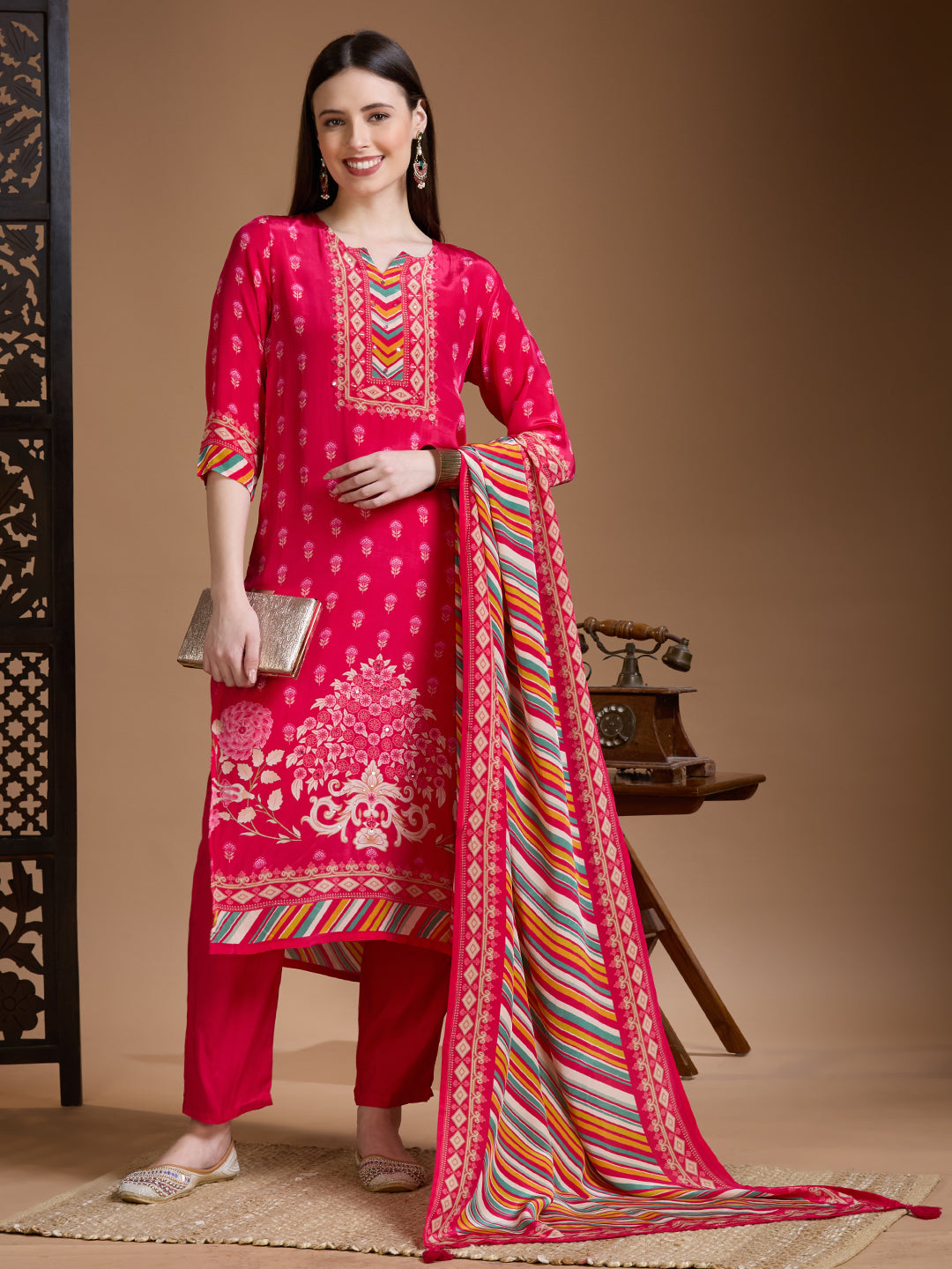 Ethnic Printed Embroidered Straight Kurta with Pant & Dupatta - Rani