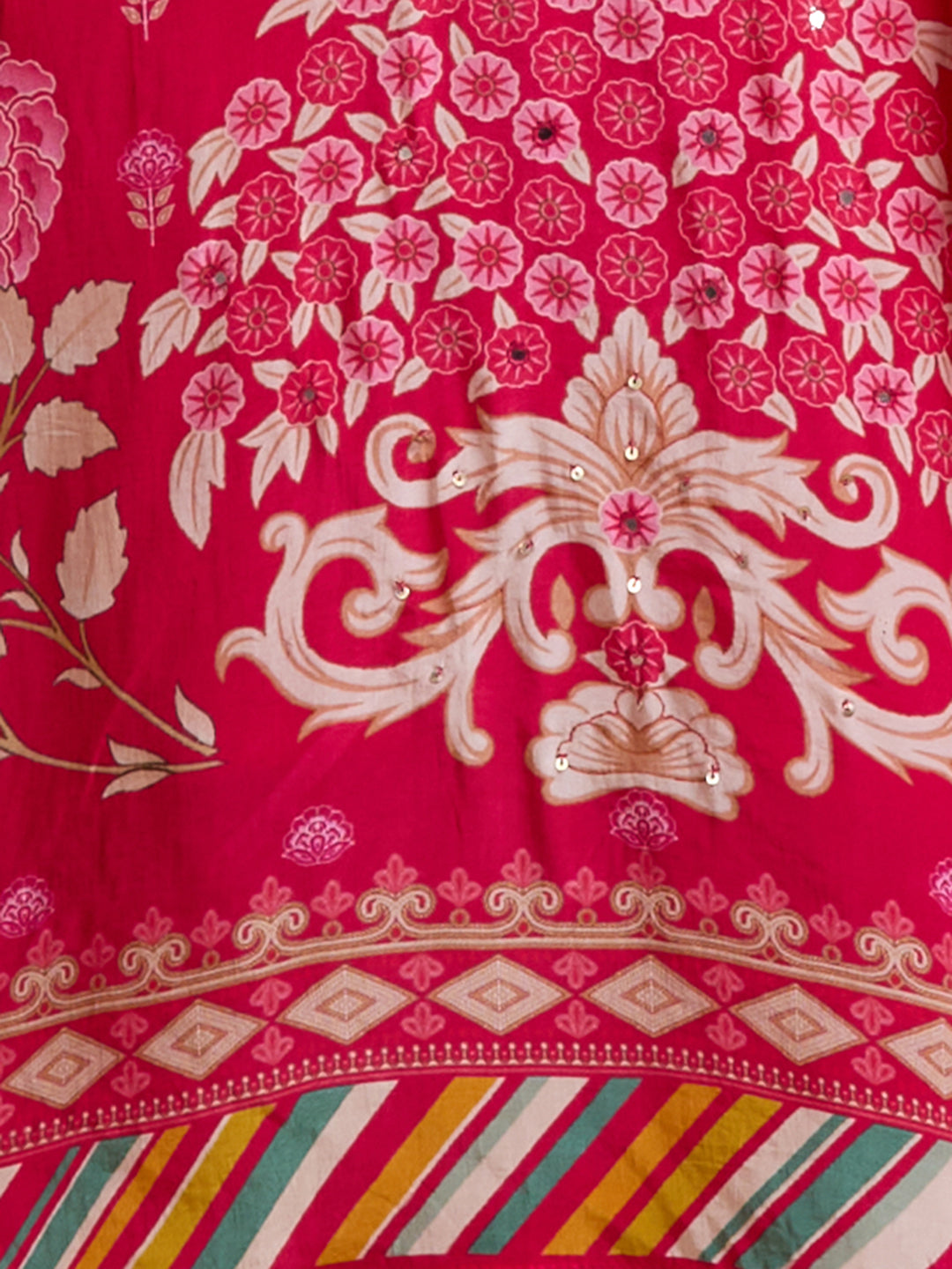 Ethnic Printed Embroidered Straight Kurta with Pant & Dupatta - Rani