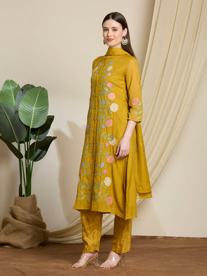 Solid Floral Embroidered Straight Kurta with Pant & Dupatta - Mustard