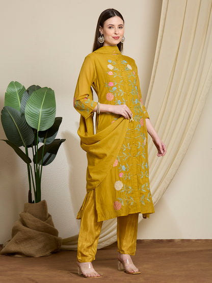 Solid Floral Embroidered Straight Kurta with Pant & Dupatta - Mustard