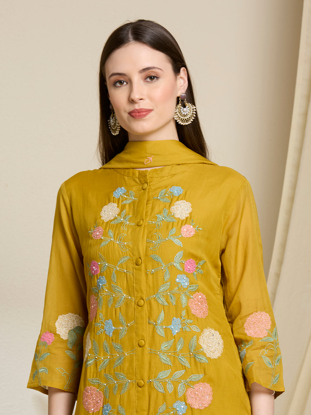 Solid Floral Embroidered Straight Kurta with Pant & Dupatta - Mustard