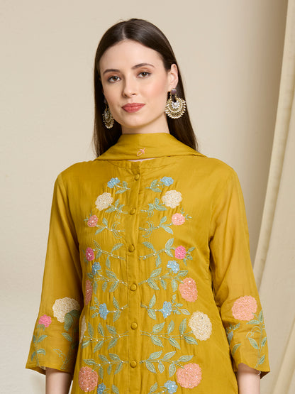 Solid Floral Embroidered Straight Kurta with Pant & Dupatta - Mustard