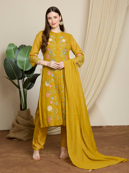 Solid Floral Embroidered Straight Kurta with Pant & Dupatta - Mustard