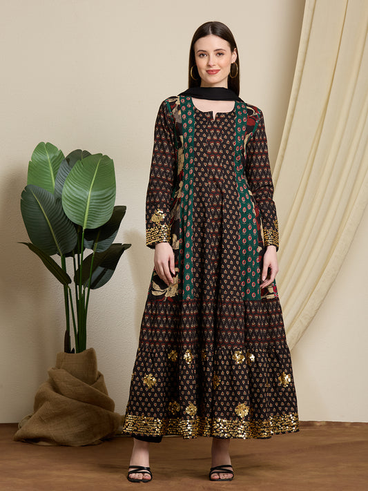 Ethnic Floral Printed & Embroidered Anarkali with Pant & Dupatta - Multi