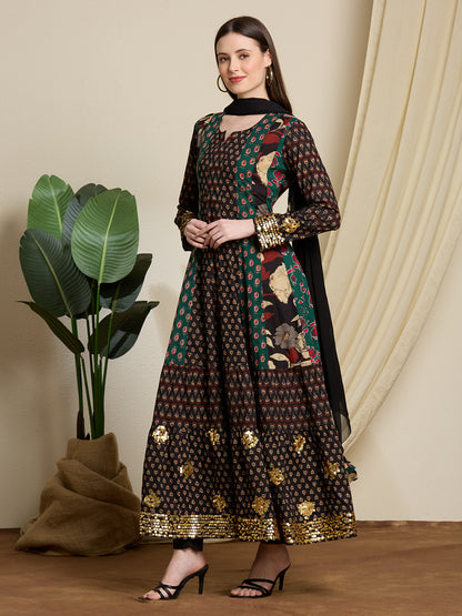 Ethnic Floral Printed & Embroidered Anarkali with Pant & Dupatta - Multi