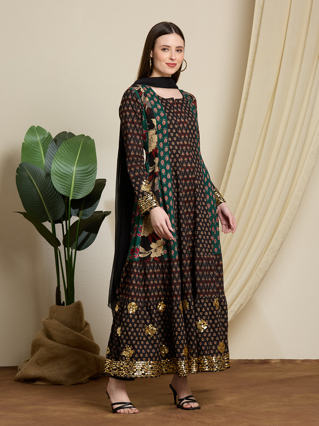 Ethnic Floral Printed & Embroidered Anarkali with Pant & Dupatta - Multi