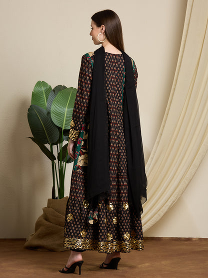 Ethnic Floral Printed & Embroidered Anarkali with Pant & Dupatta - Multi
