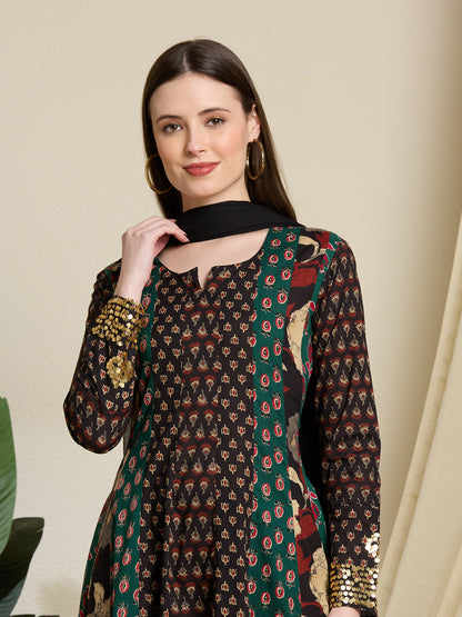 Ethnic Floral Printed & Embroidered Anarkali with Pant & Dupatta - Multi