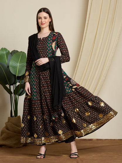 Ethnic Floral Printed & Embroidered Anarkali with Pant & Dupatta - Multi