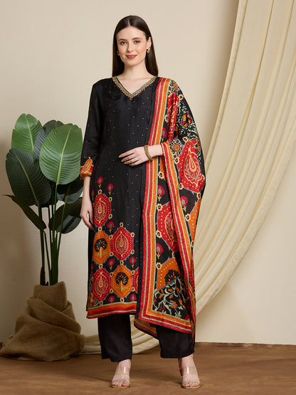 Solid Ethnic Printed Embroidered Straight Kurta with Pant & Dupatta - Black