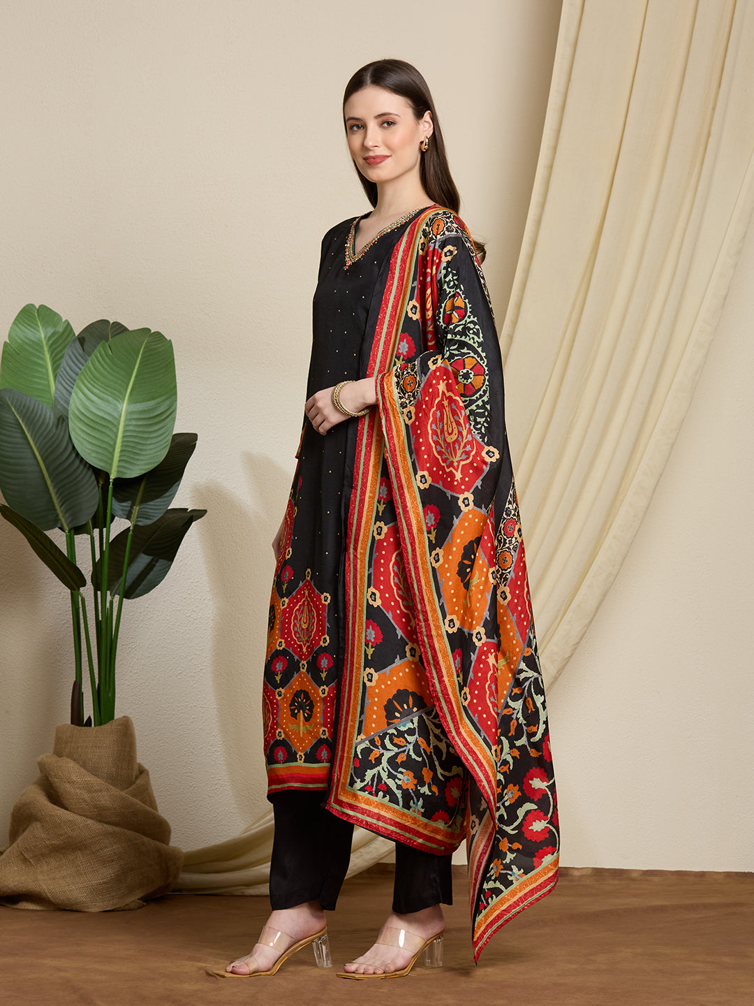 Solid Ethnic Printed Embroidered Straight Kurta with Pant & Dupatta - Black