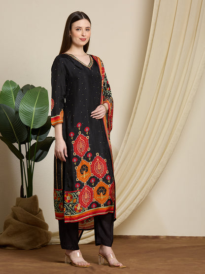 Solid Ethnic Printed Embroidered Straight Kurta with Pant & Dupatta - Black
