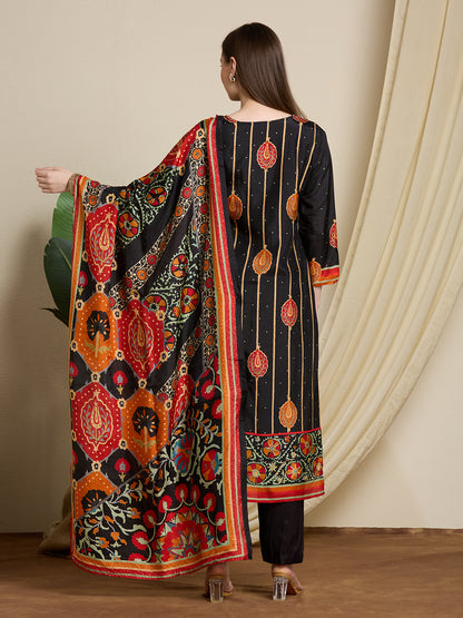 Solid Ethnic Printed Embroidered Straight Kurta with Pant & Dupatta - Black