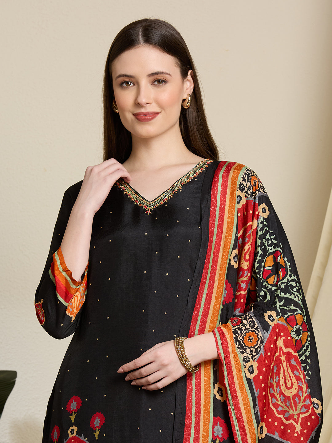 Solid Ethnic Printed Embroidered Straight Kurta with Pant & Dupatta - Black