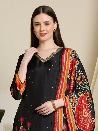 Solid Ethnic Printed Embroidered Straight Kurta with Pant & Dupatta - Black