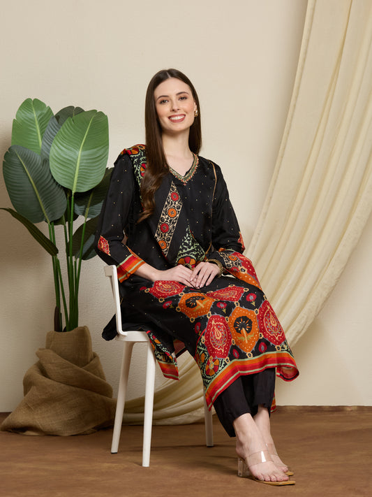 Solid Ethnic Printed Embroidered Straight Kurta with Pant & Dupatta - Black