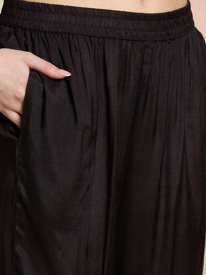 Solid Ethnic Printed Embroidered Straight Kurta with Pant & Dupatta - Black