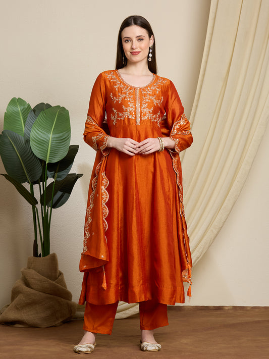 Festive Solid Ethnic Embroidered Anarkali Kurta with Pant & Scalloped Dupatta - Orange