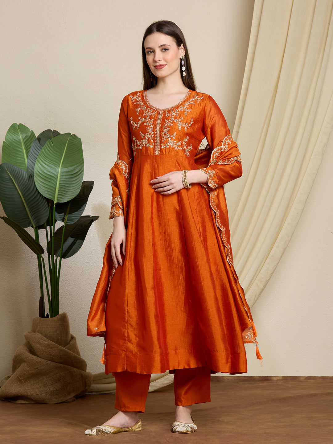 Festive Solid Ethnic Embroidered Anarkali Kurta with Pant & Scalloped Dupatta - Orange
