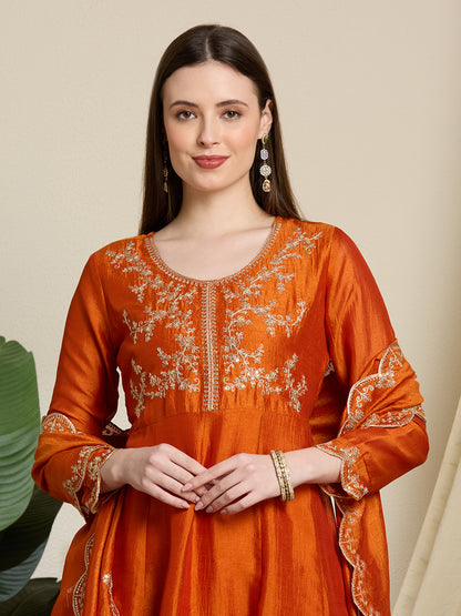 Festive Solid Ethnic Embroidered Anarkali Kurta with Pant & Scalloped Dupatta - Orange