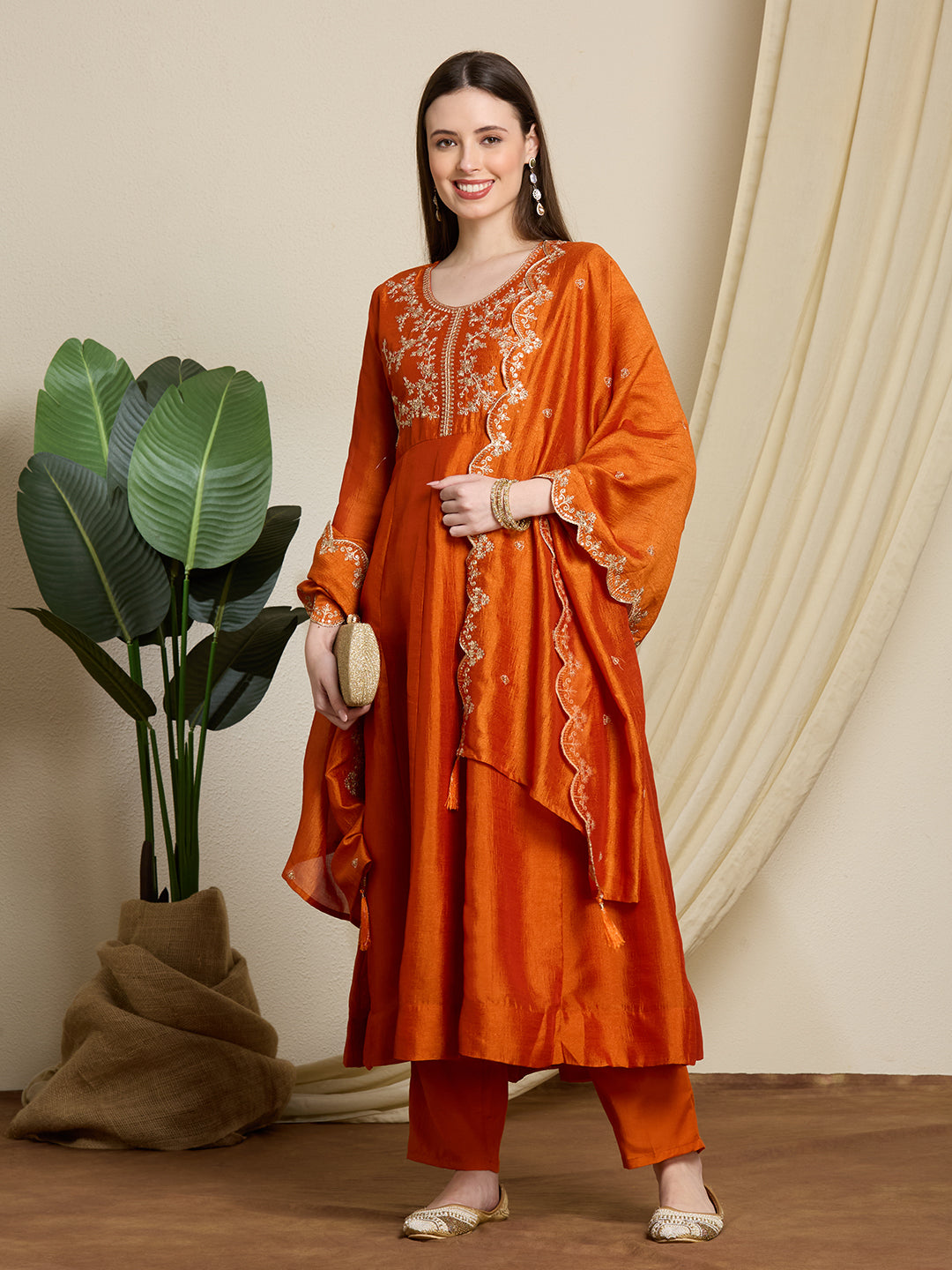 Festive Solid Ethnic Embroidered Anarkali Kurta with Pant & Scalloped Dupatta - Orange