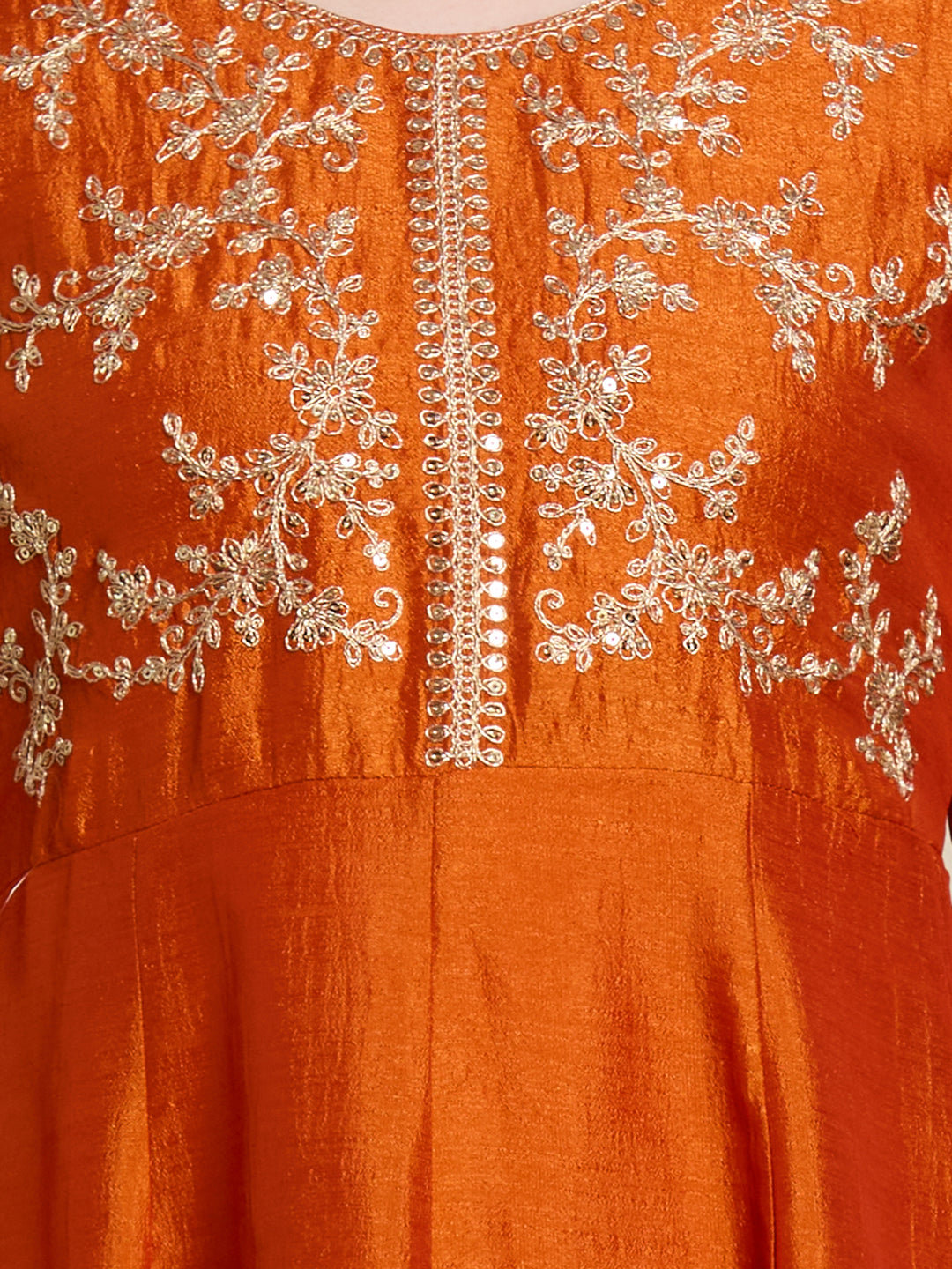 Festive Solid Ethnic Embroidered Anarkali Kurta with Pant & Scalloped Dupatta - Orange
