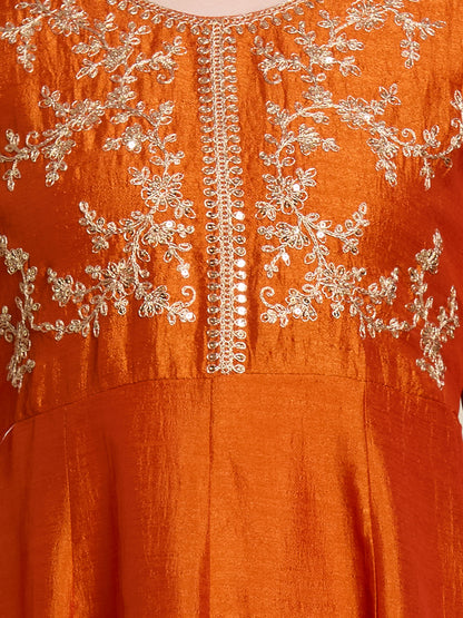 Festive Solid Ethnic Embroidered Anarkali Kurta with Pant & Scalloped Dupatta - Orange
