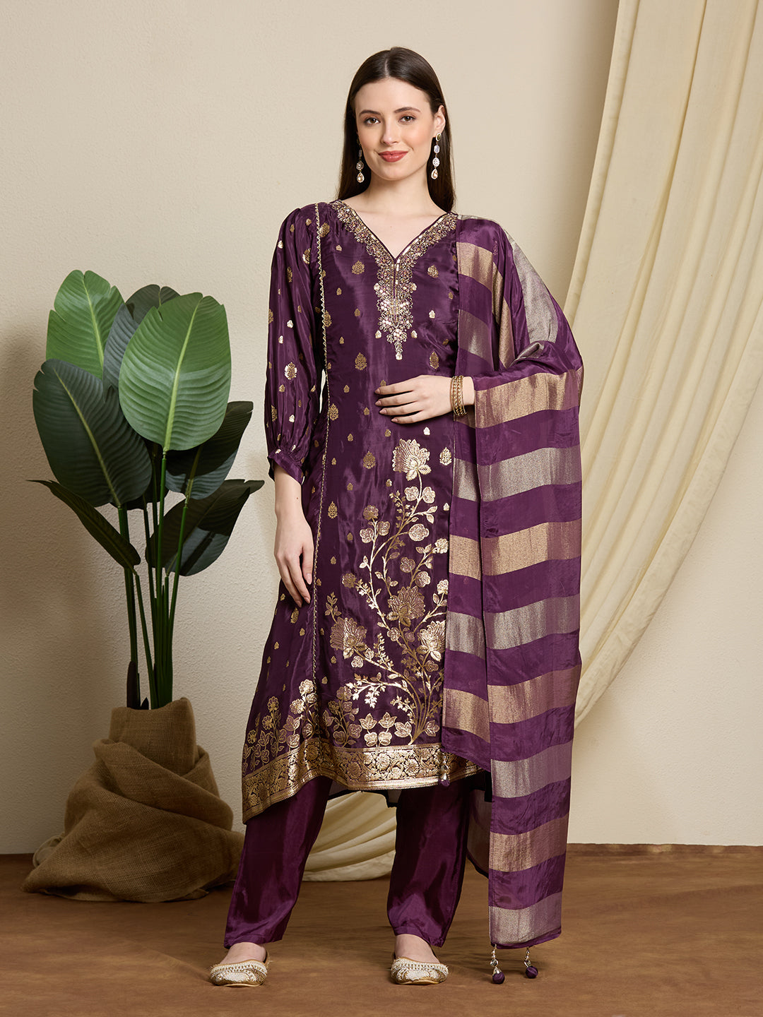 Festive Ethnic Floral Woven & Embroidered Kurta with Pant & Striped Dupatta - Deep Purple