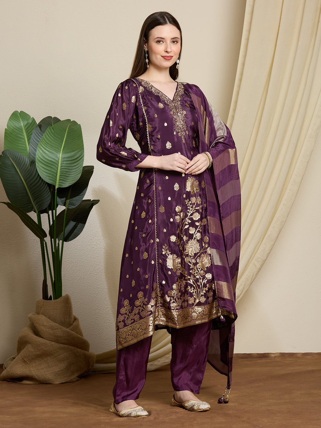 Festive Ethnic Floral Woven & Embroidered Kurta with Pant & Striped Dupatta - Deep Purple