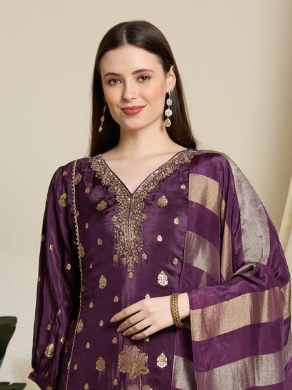 Festive Ethnic Floral Woven & Embroidered Kurta with Pant & Striped Dupatta - Deep Purple