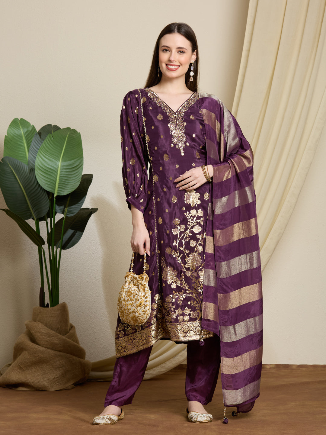Festive Ethnic Floral Woven & Embroidered Kurta with Pant & Striped Dupatta - Deep Purple