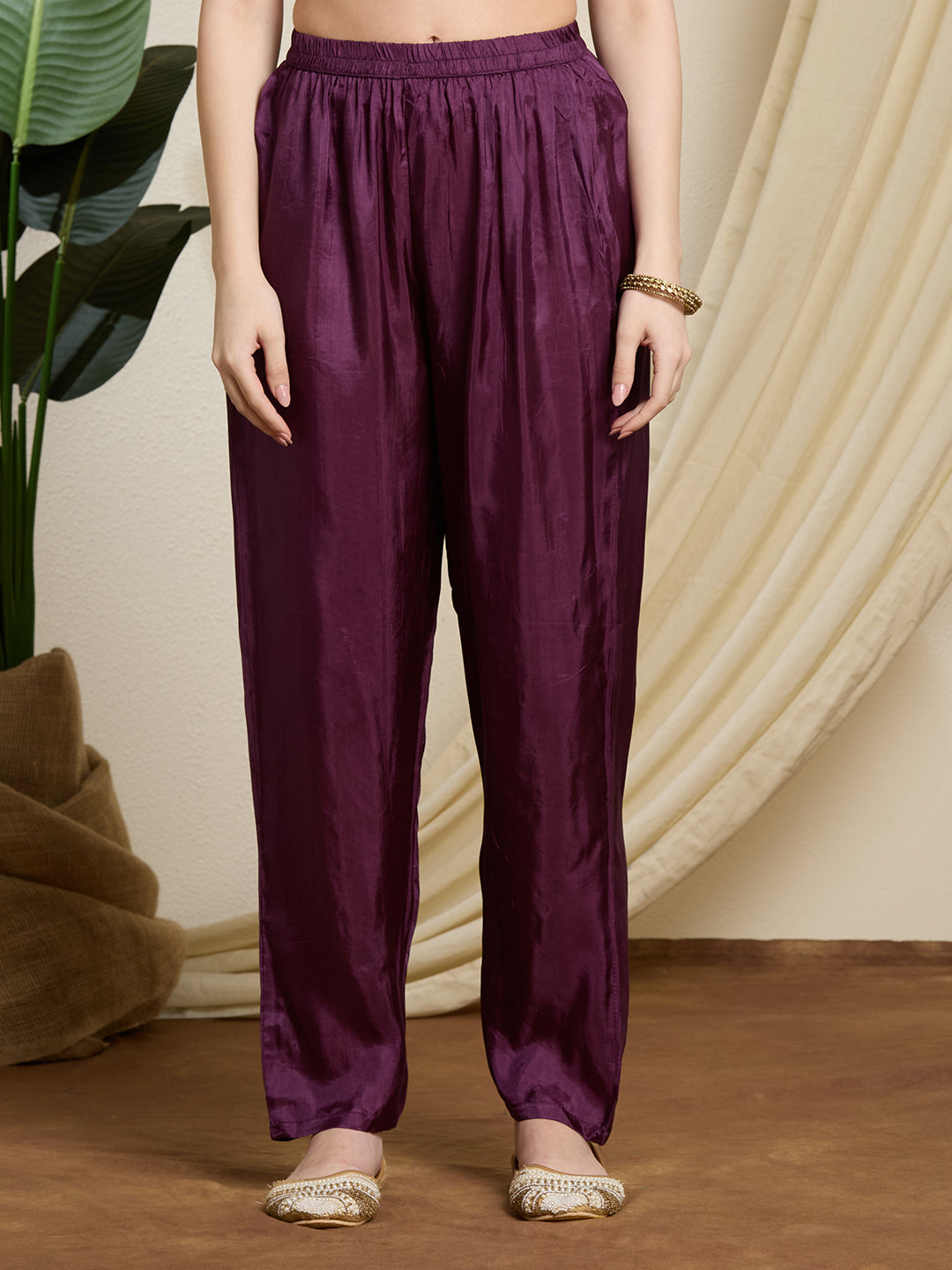 Festive Ethnic Floral Woven & Embroidered Kurta with Pant & Striped Dupatta - Deep Purple