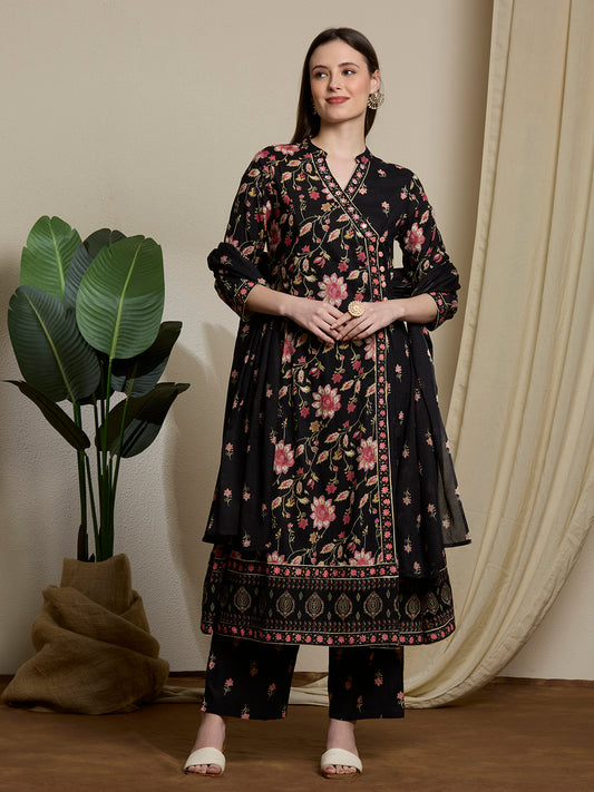 Ethnic Floral Printed Embroidered A-Line Kurta with Palazzo & Dupatta - Black