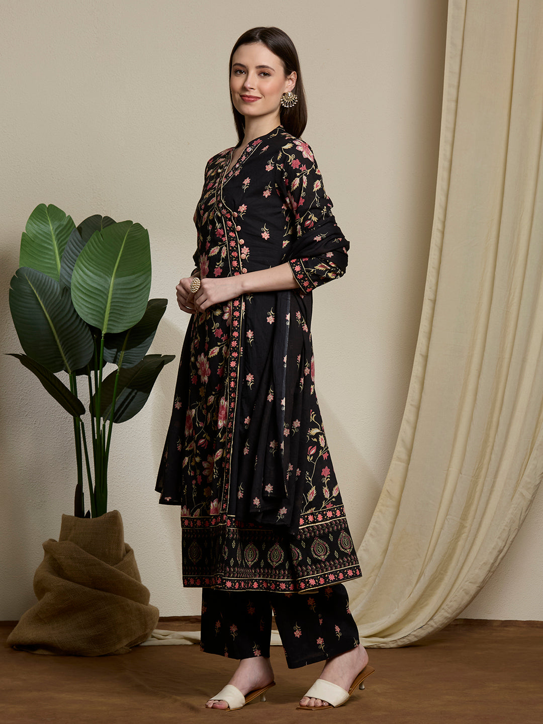 Ethnic Floral Printed Embroidered A-Line Kurta with Palazzo & Dupatta - Black
