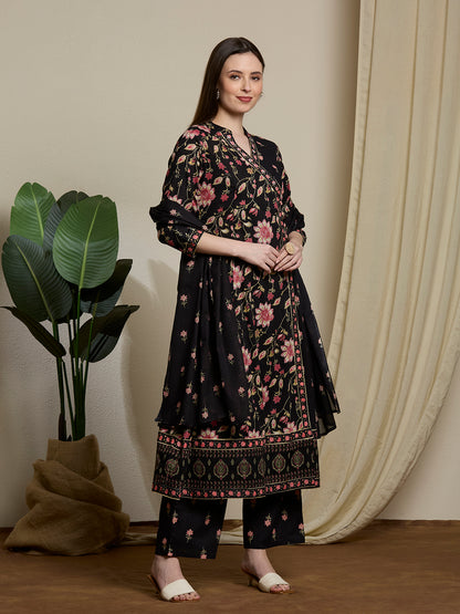 Ethnic Floral Printed Embroidered A-Line Kurta with Palazzo & Dupatta - Black