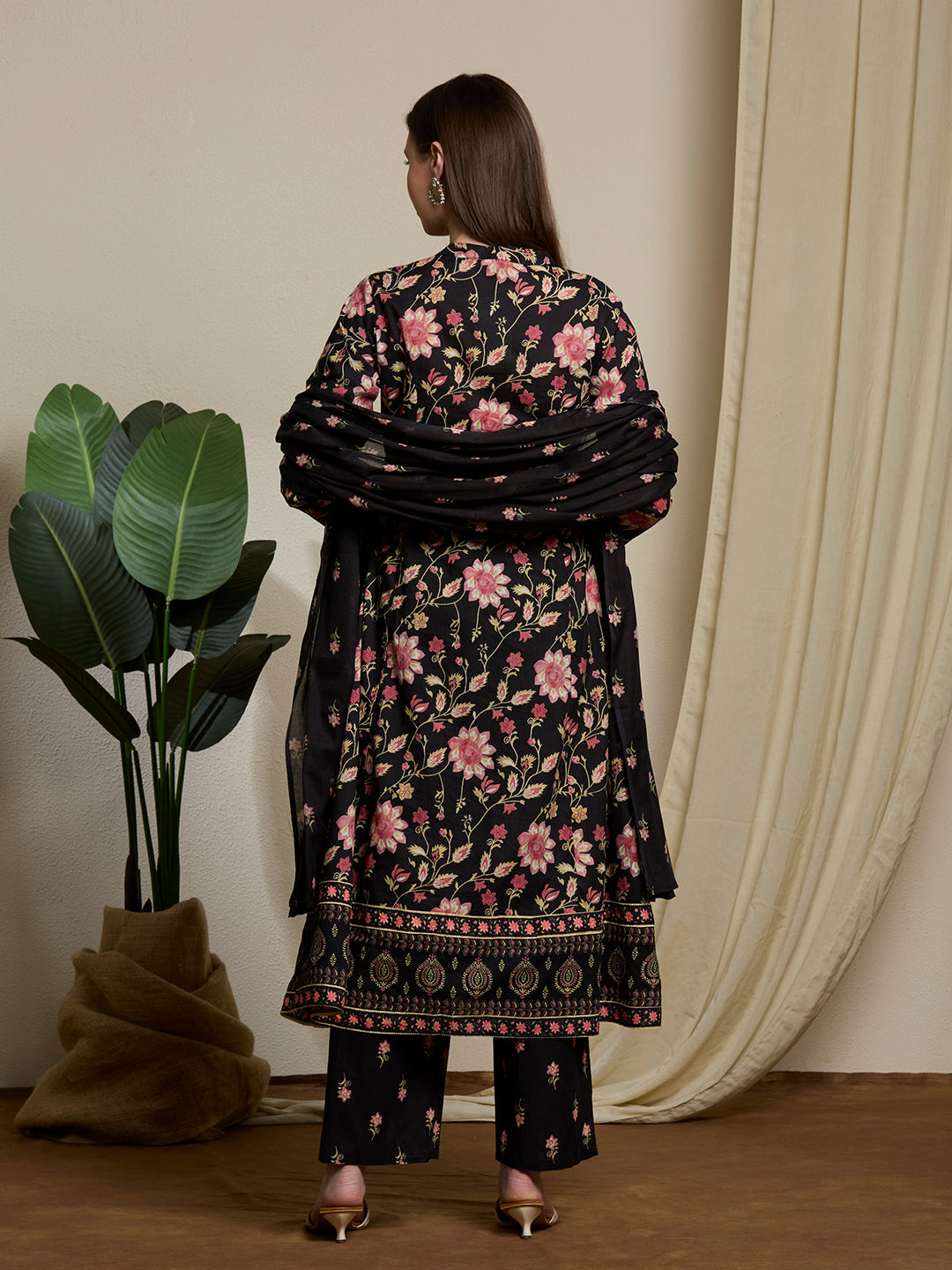 Ethnic Floral Printed Embroidered A-Line Kurta with Palazzo & Dupatta - Black
