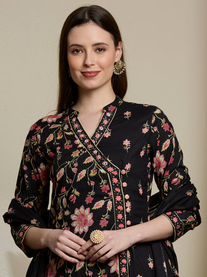 Ethnic Floral Printed Embroidered A-Line Kurta with Palazzo & Dupatta - Black