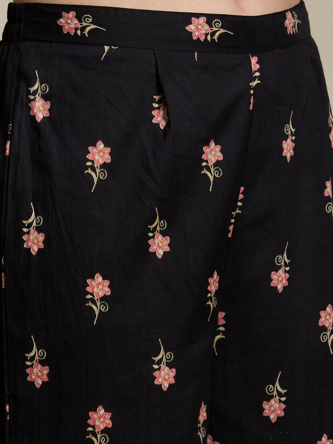 Ethnic Floral Printed Embroidered A-Line Kurta with Palazzo & Dupatta - Black