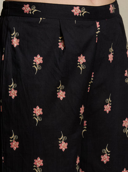 Ethnic Floral Printed Embroidered A-Line Kurta with Palazzo & Dupatta - Black